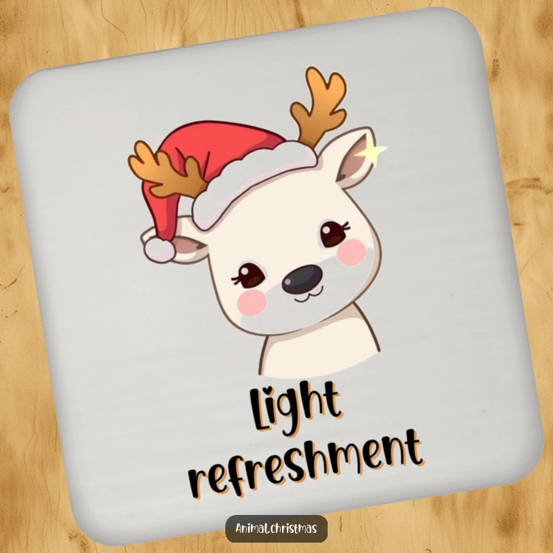 Funny drink coaster with an animal wearing festive antlers, curiously peering at a twinkling light, adding holiday magic.