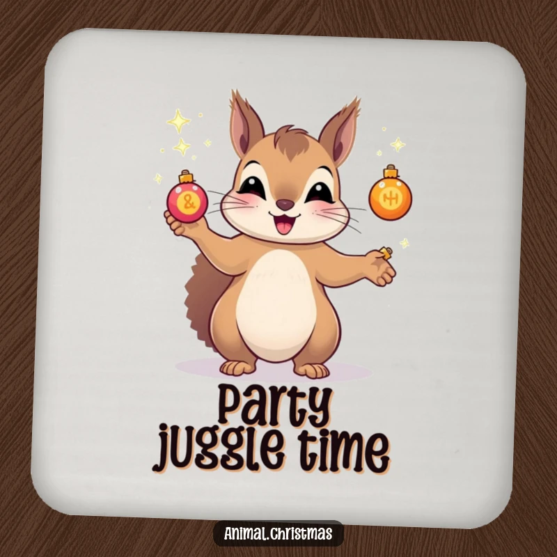 Funny drink coasters showing a squirrel skillfully juggling tiny, sparkling Christmas ornaments, ideal for protecting surfaces with holiday flair.