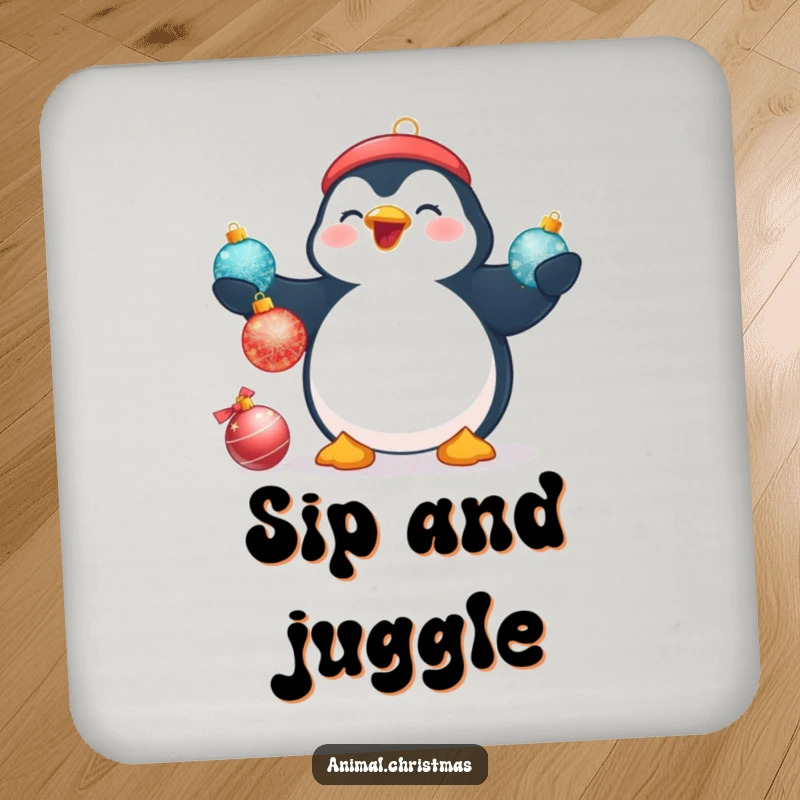 Funny Christmas coaster featuring a plump penguin beaming while attempting to juggle three shimmering Christmas baubles.
