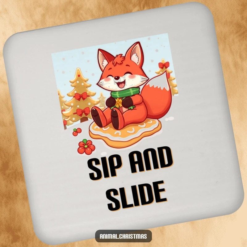 Funny Christmas coaster featuring a red fox grinning widely while sliding down a snowy hill on a festive gingerbread cookie.