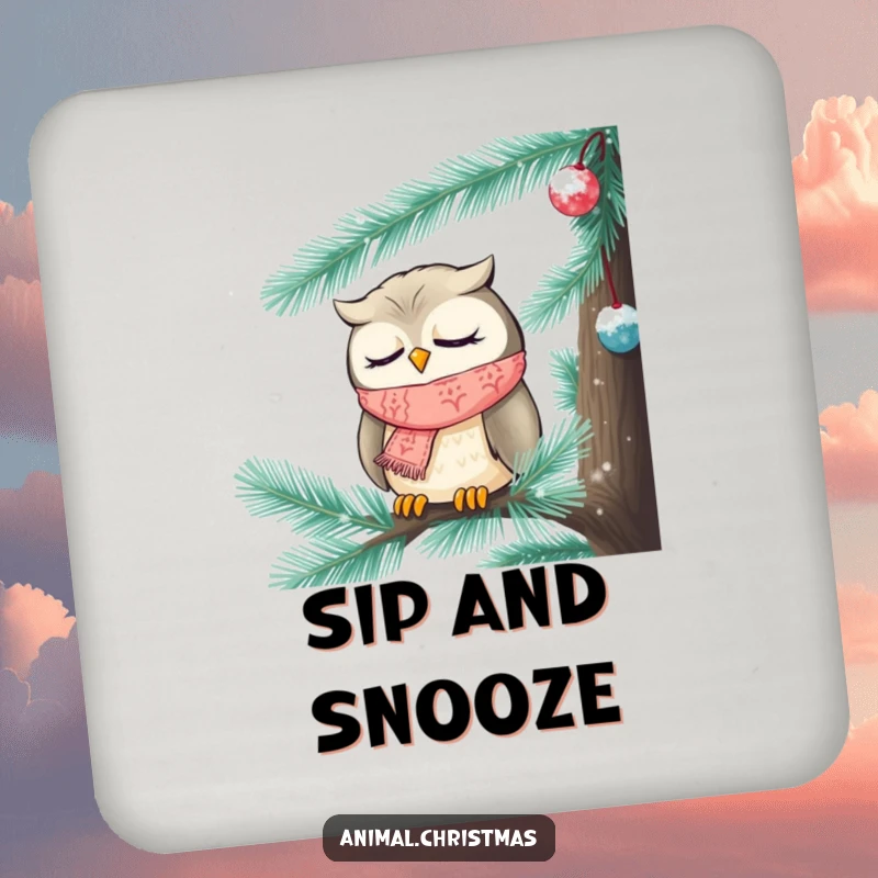 Funny Christmas coaster featuring a sleepy owl wearing a knitted scarf, nodding off inside a frosted pine tree.