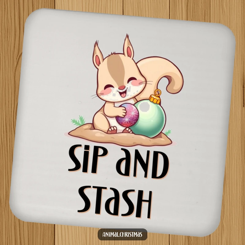 Funny drink coaster showing a happy squirrel burying a shiny ornament, perfect for adding festive flair.