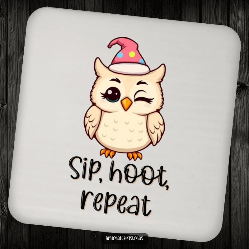 Funny kawaii owl wearing a festive hat, blinking with amusement, featured on protective drink coasters.
