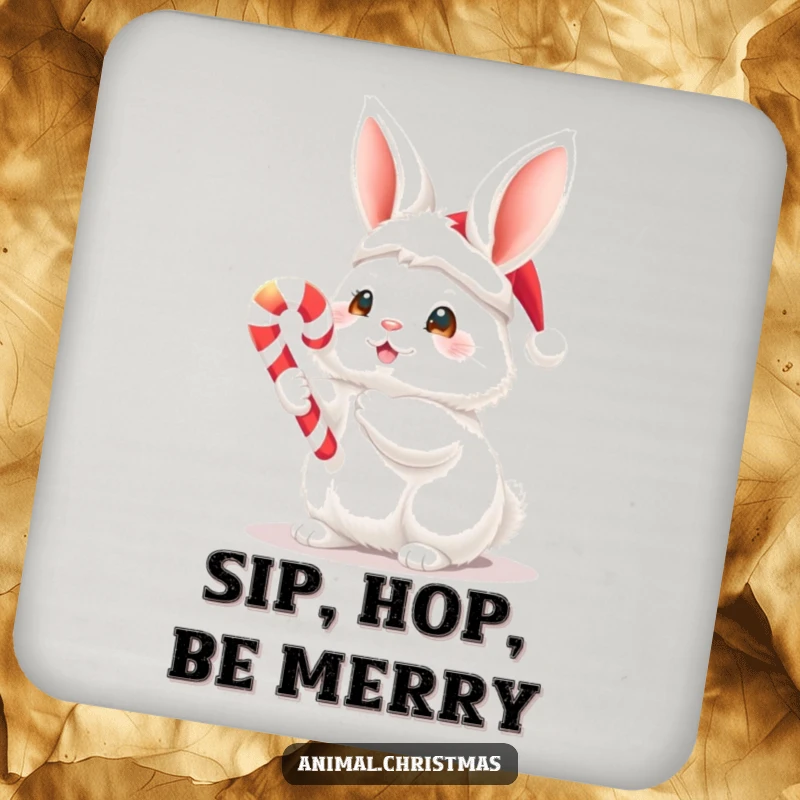 Funny Christmas coaster with a fluffy white bunny wearing a Santa hat and holding a glowing candy cane, protecting surfaces with holiday charm.