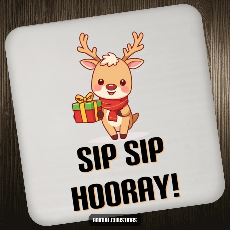 Funny Reindeer Coasters: A cheerful reindeer delivering a gift, protecting surfaces with holiday flair.