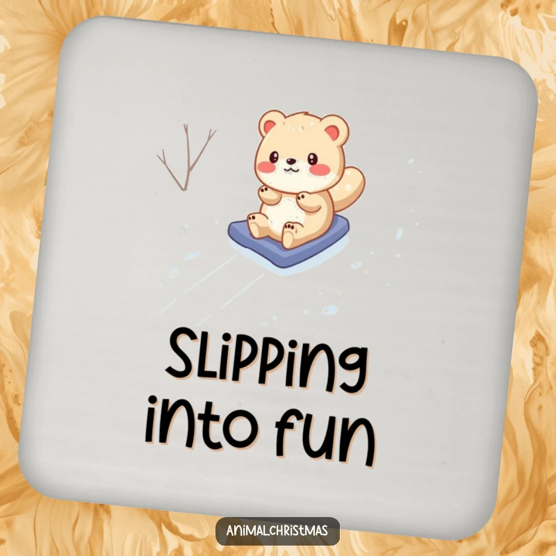 Funny Drink Coaster: A comical animal navigates a snowy hill, adding a humorous element to surface protection.