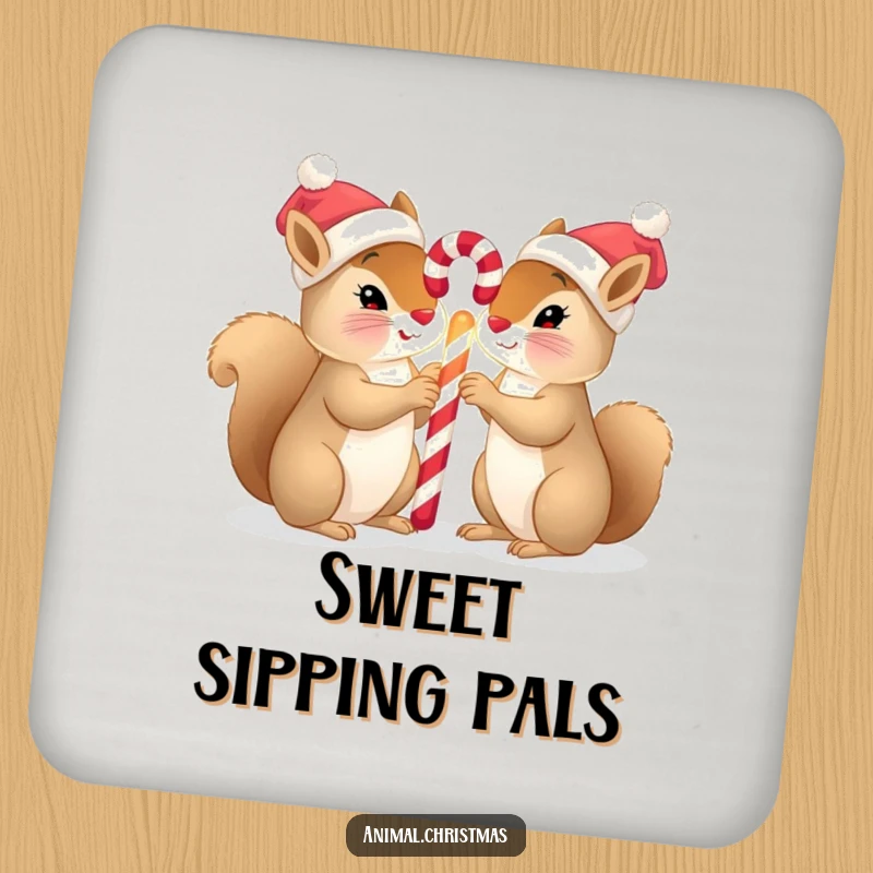 Funny squirrel Christmas coasters featuring two squirrels in tiny hats sharing a glowing candy cane, perfect for protecting surfaces.