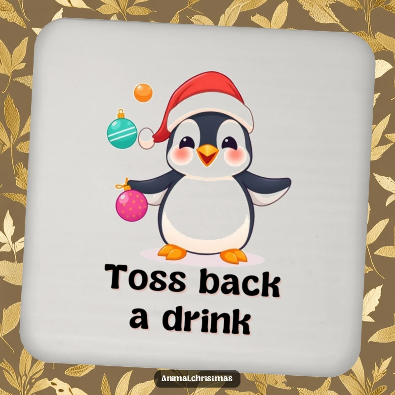 Funny coasters featuring a penguin in a Santa hat juggling colorful Christmas ornaments, perfect for holiday parties.