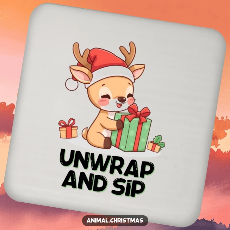Funny kawaii deer in Santa hat, unwrapping a gift, printed on drink coasters for humorous surface protection.
