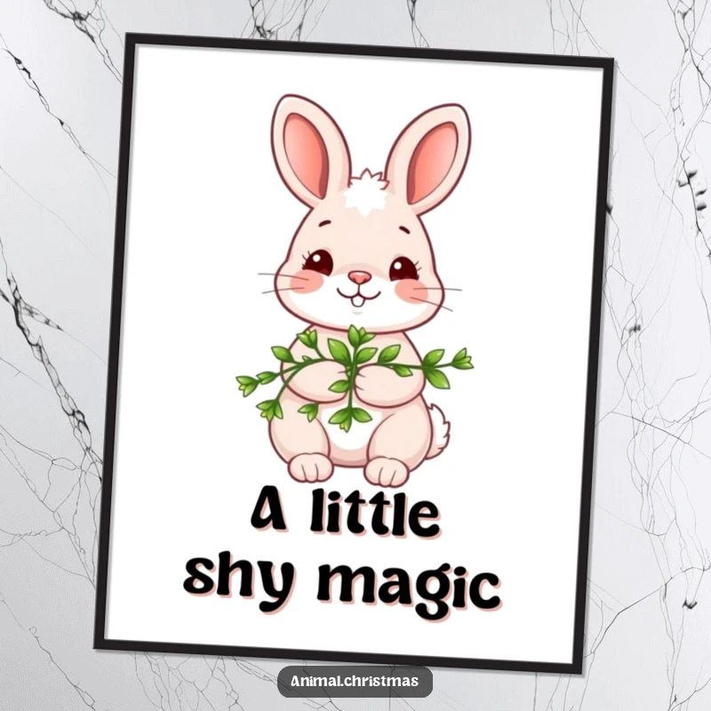 Funny kawaii bunny poster, holding mistletoe with a shy smile, cute holiday wall art, romantic and sweet illustration.