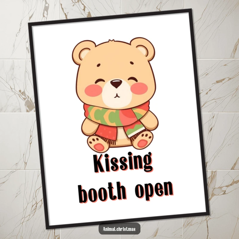 Funny Bear Kiss Poster, a delightful illustration of a bear in a festive scarf blowing a kiss, perfect for adding romantic humor and charm to wall decor.