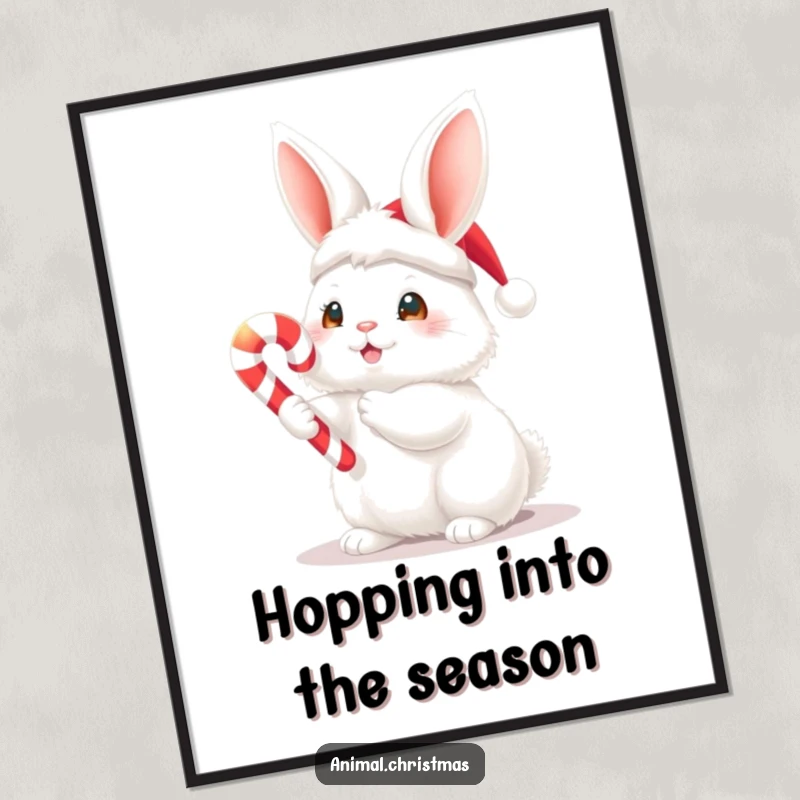 Funny Christmas poster showcasing a fluffy white bunny in a Santa hat holding a glowing candy cane, creating a whimsical holiday scene.