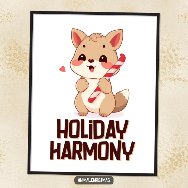 Funny poster art of a singing animal holding a candy cane, bringing festive cheer and musical joy to any wall.
