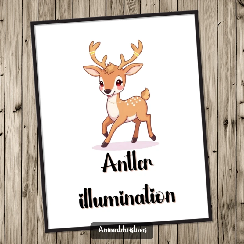 Funny deer Christmas poster of a happy deer prancing with twinkling lights woven into its antlers, beautiful festive wall art.