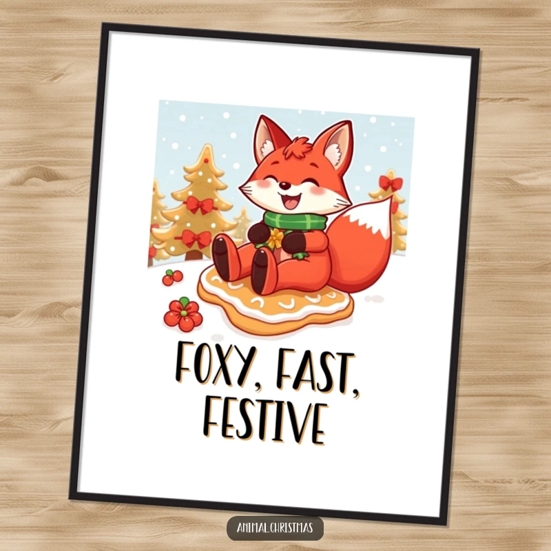 Funny Christmas poster of a red fox grinning widely while sliding down a snowy hill on a festive gingerbread cookie.