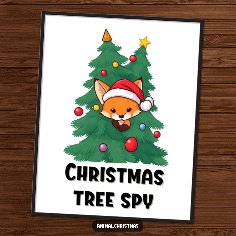 Funny Fox Santa Poster: A fox wearing a Santa hat peeking from behind a Christmas tree, perfect holiday wall decor.