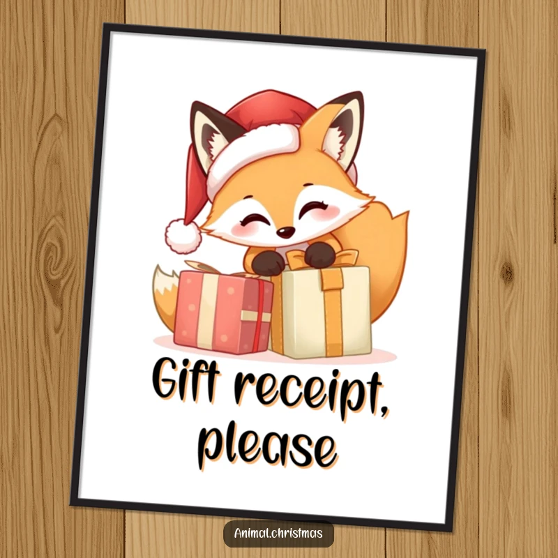 Funny Fox Santa Poster, a delightful illustration of a fox in a Santa hat eagerly unwrapping a Christmas gift, adding festive humor to wall decor.