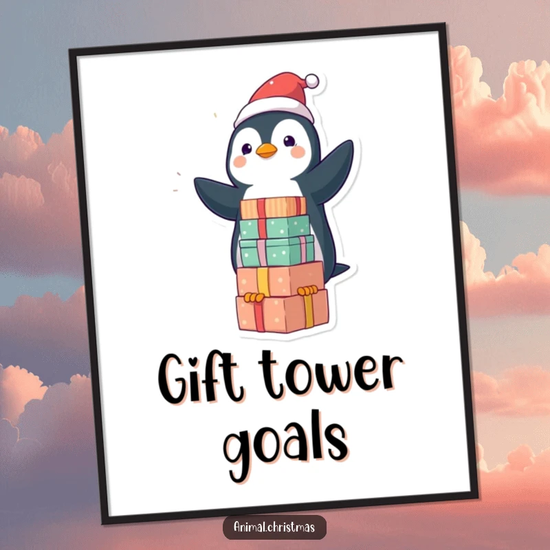 Funny kawaii penguin balancing a stack of Christmas gifts on a poster, bringing whimsical humor.