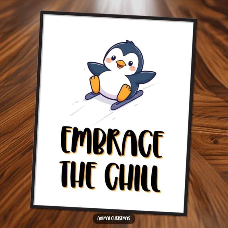 Funny kawaii penguin sliding down a snowy hill with glee, a cheerful poster for winter decor.