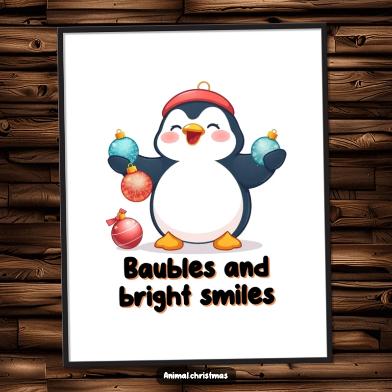 Funny Christmas poster of a plump penguin grinning while attempting to juggle three shimmering Christmas baubles.