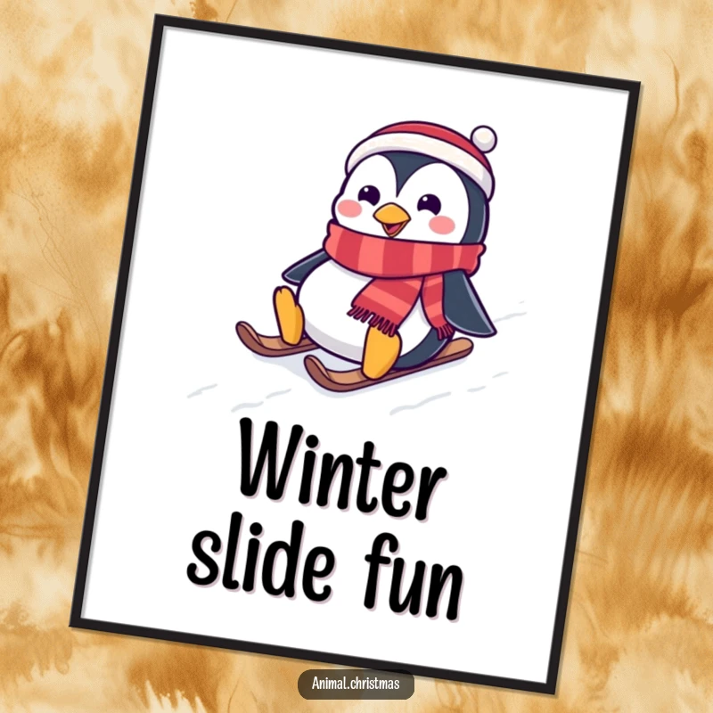 Funny poster artwork of a penguin wearing a festive scarf, gleefully sliding down a snowy hill, radiating winter joy.
