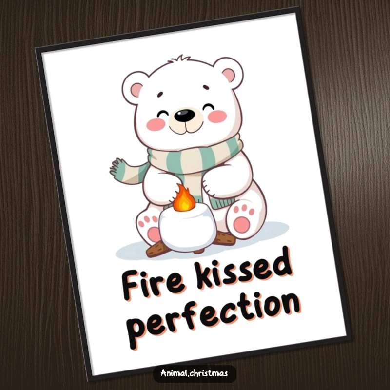 Funny Polar Bear Marshmallow Poster: A polar bear with a festive scarf happily roasting a marshmallow, perfect holiday wall art.