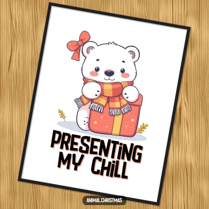 Funny poster of a polar bear wearing a scarf, curiously peeking from behind a large present, adding winter cheer to any space.