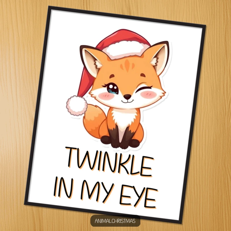 Funny poster of a sly fox wearing a Santa hat, with a mischievous twinkle in its eye, perfect for holiday decor.