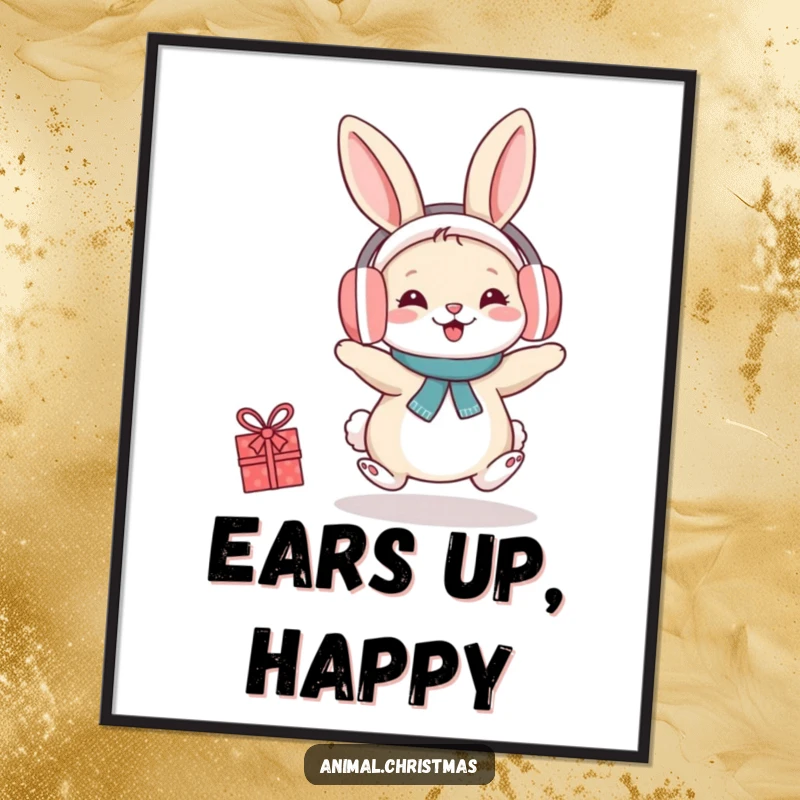 Funny poster art of a rabbit wearing earmuffs, hopping with exuberant festive cheer, bringing joy to the viewer.