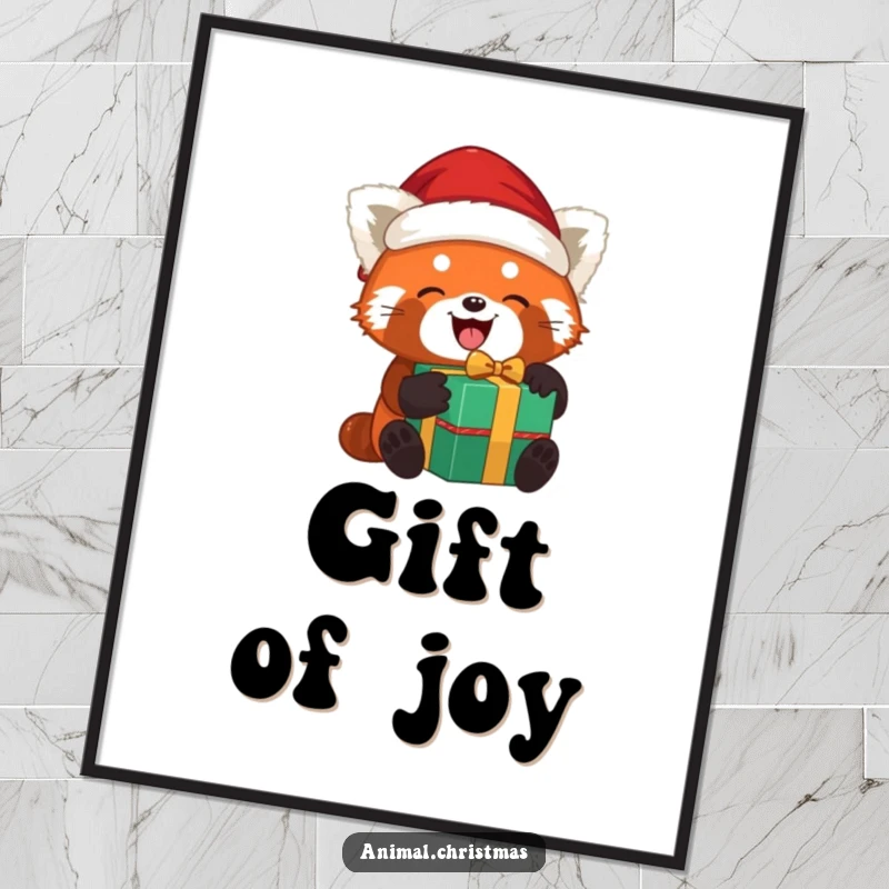 Funny red panda Santa poster of a red panda joyfully unwrapping a gift while wearing a Santa hat, adorable festive wall art.