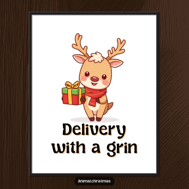 Funny Reindeer Poster: A smiling reindeer cheerfully delivering a gift, adding festive cheer to wall decor.