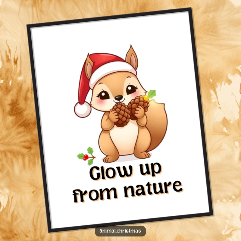 Funny squirrel poster wearing a Santa hat, holding a glowing pinecone, festive wall decor.