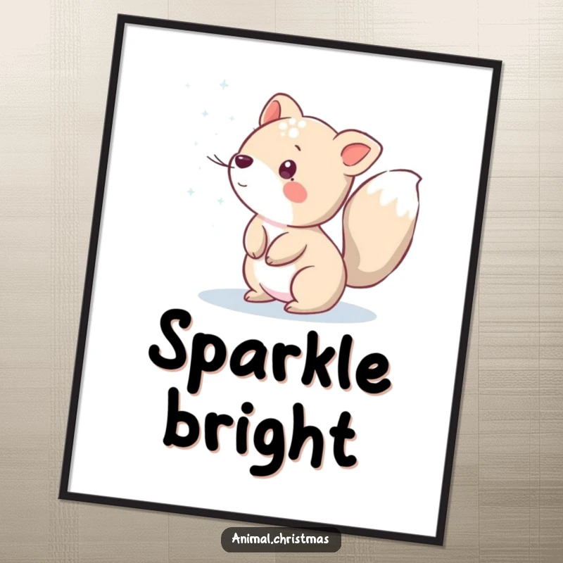 Funny poster of an animal playfully sprinkling sparkling snow with its tail, capturing the serene beauty of winter.