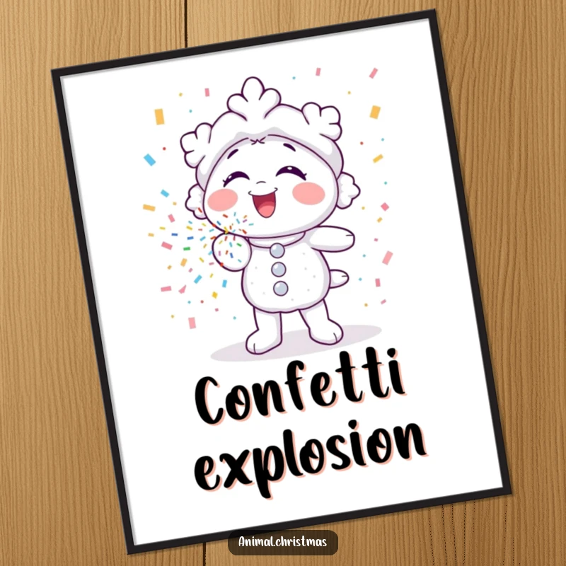 Funny poster of a snowflake character gleefully blowing colorful confetti, creating a joyful and festive wall art piece.