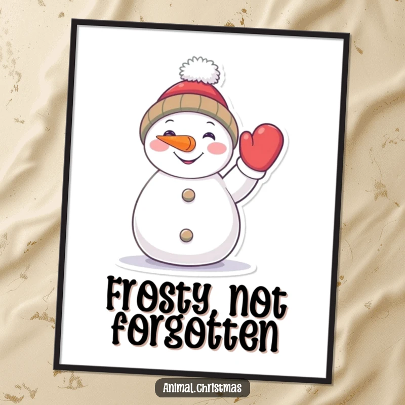 Funny snowman poster, a cheerful character with a carrot nose waving a mitten, adding winter joy to decor.