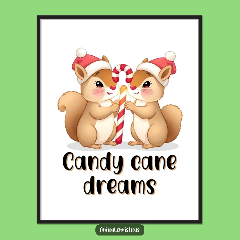 Funny Squirrel Christmas Poster: Tiny Hats & Candy Cane, Festive Wall Art Gift