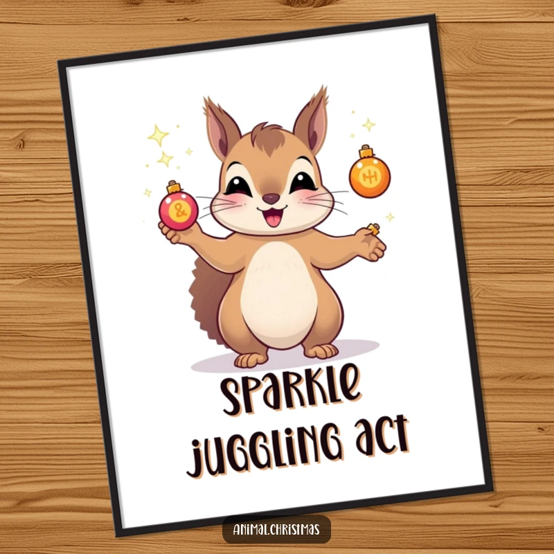 Funny poster artwork of a squirrel gleefully juggling small, sparkling Christmas ornaments, radiating pure holiday excitement and fun.