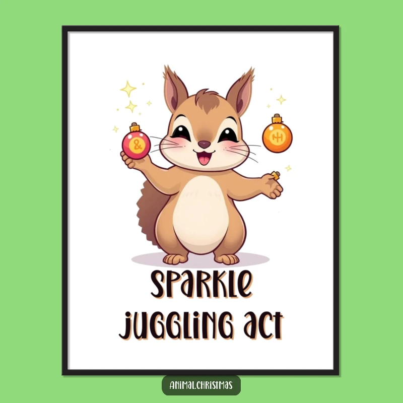 Funny Squirrel Juggling Poster: Sparkling Ornaments Art, Hilarious Festive Decor, Unique Gift