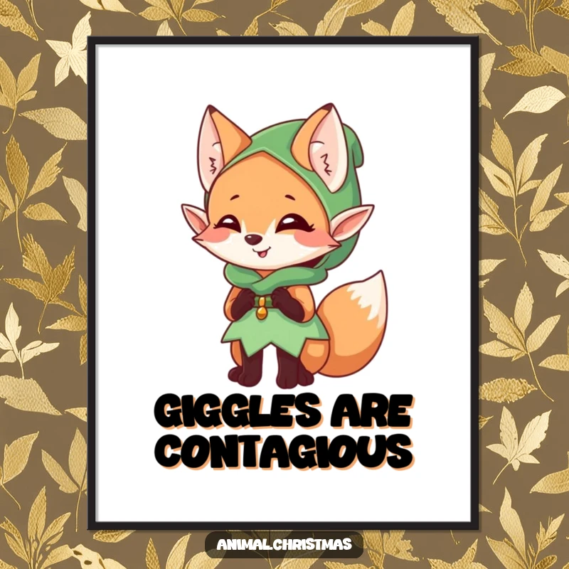Funny elf fox poster, a mischievous character giggling, dressed as an elf, adding playful decor.