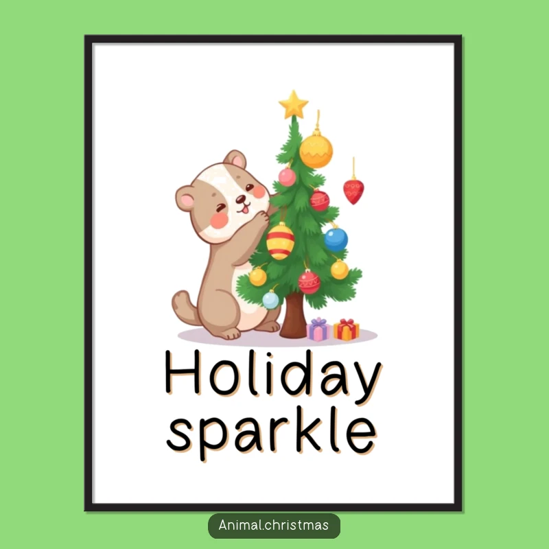 Funny Decorating Animal Tree Poster, Festive Craft Wall Art
