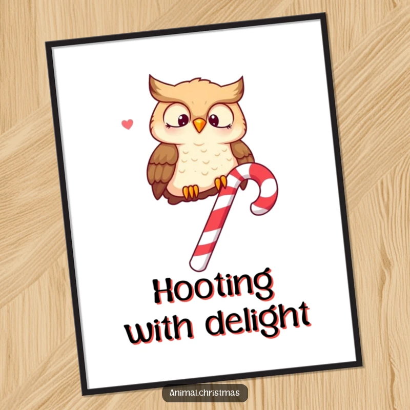 Funny poster art of a wise owl perched on a candy cane, hooting merrily with festive joy.