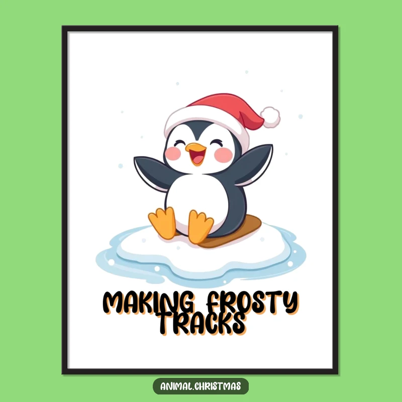 Funny Penguin Poster - Santa Hat Ice Sliding Holiday Art