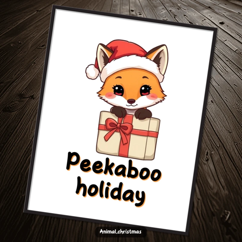 Funny poster showing a fox with a tiny Santa hat, peeking from behind a gift, offering cute and humorous holiday decor.