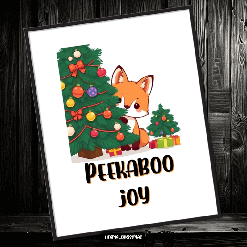 Funny kawaii fox peeking from behind a decorated Christmas tree on a poster, adding playful holiday humor.