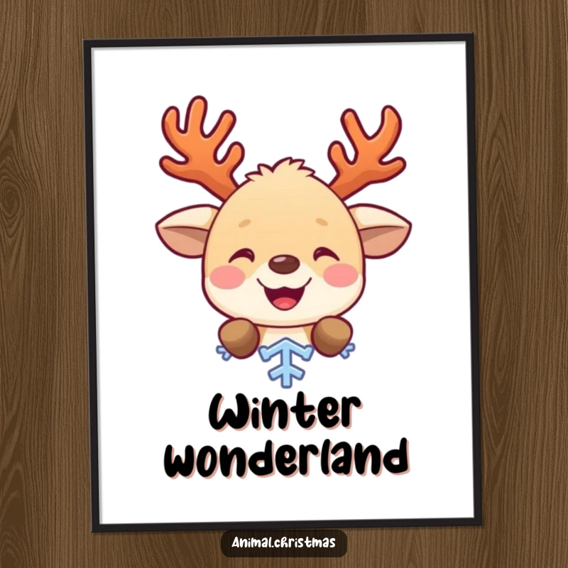 Funny poster art depicting a cute animal with antlers hiding behind a snowflake, exuding holiday cheer and playful curiosity.