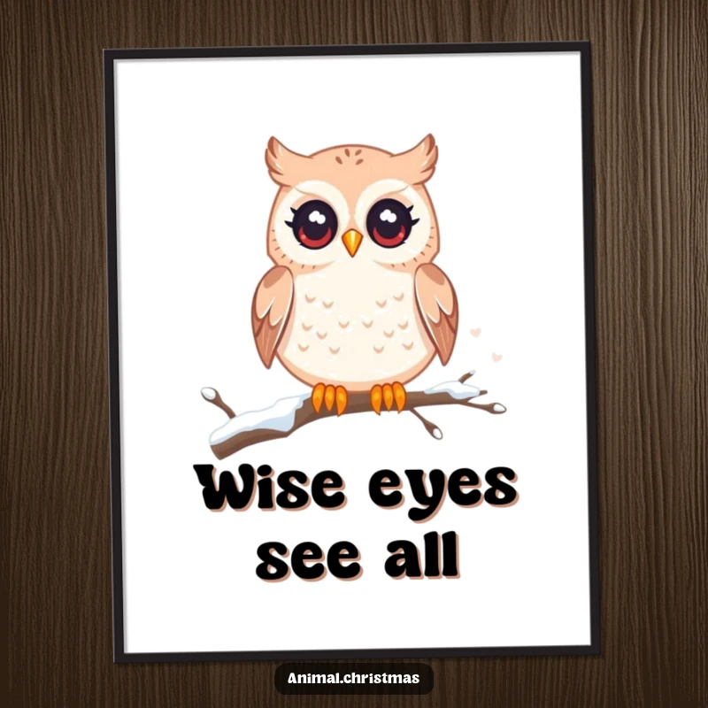 Funny kawaii owl poster, twinkling eyes, perched on a snowy branch, magical wall art, enchanting winter forest illustration.