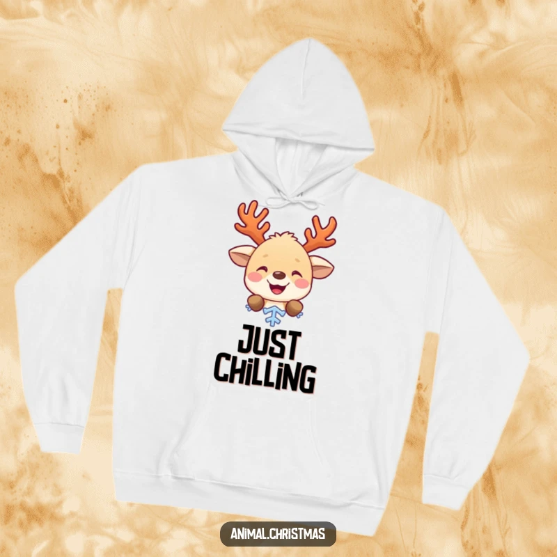 Funny hoodie featuring a delightful animal with antlers, playfully peeking from behind a snowflake, perfect for cozy holiday moments.