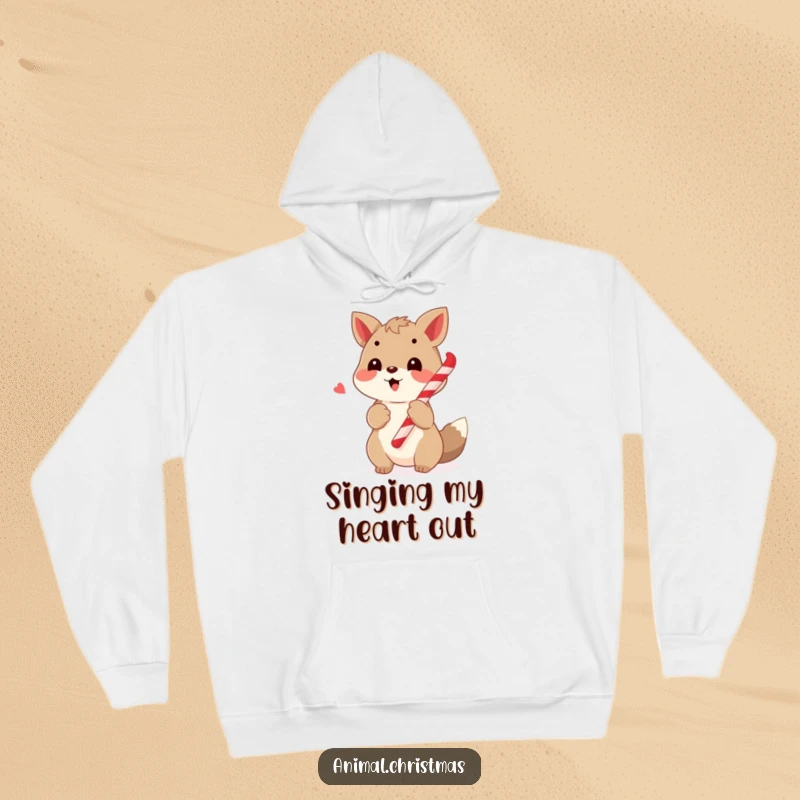 Funny hoodie depicting a happy animal caroling with a candy cane in its paw, perfect for cozy winter music lovers.