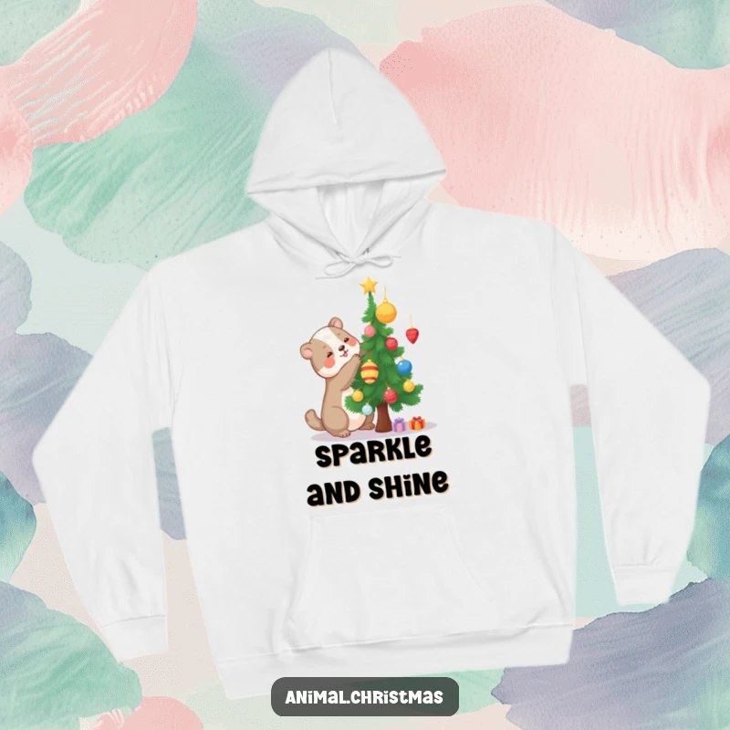 Funny hoodie depicting a joyful animal decorating a tiny Christmas tree with ornaments, perfect for cozy crafting sessions.
