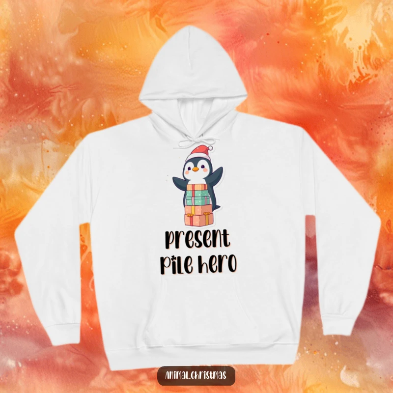 Funny kawaii penguin balancing a stack of gifts on a warm hoodie, ideal for winter humor.
